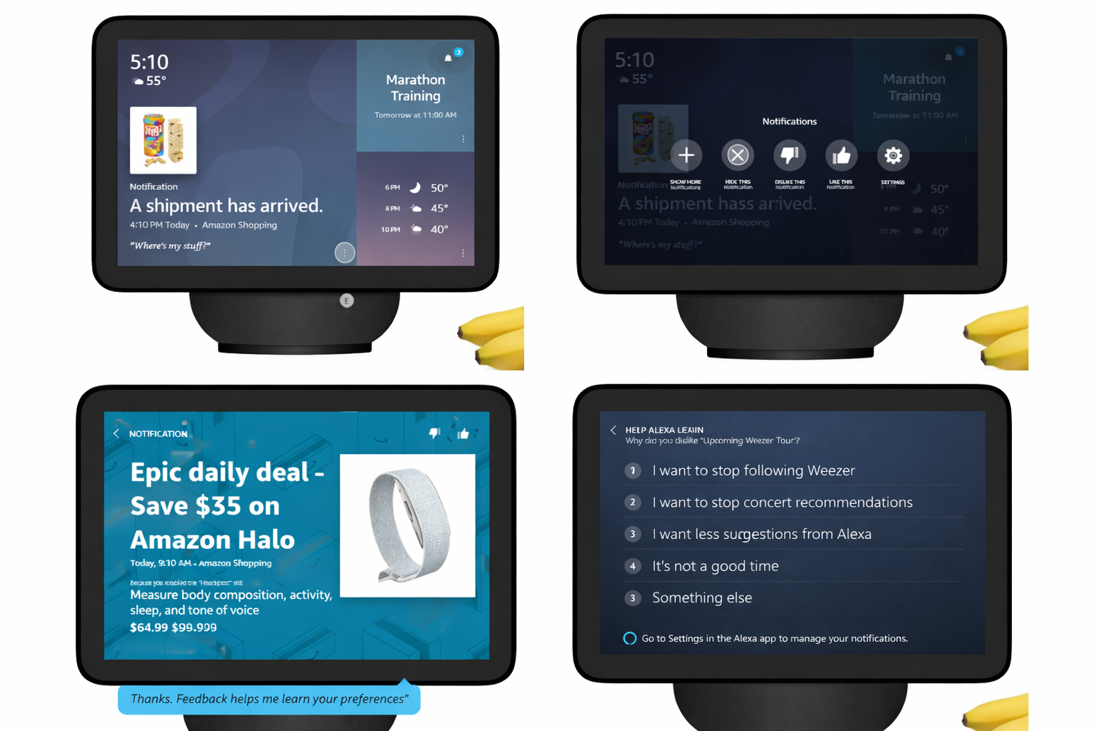 Four Echo Show screens showing notification cards, deals, and feedback UI