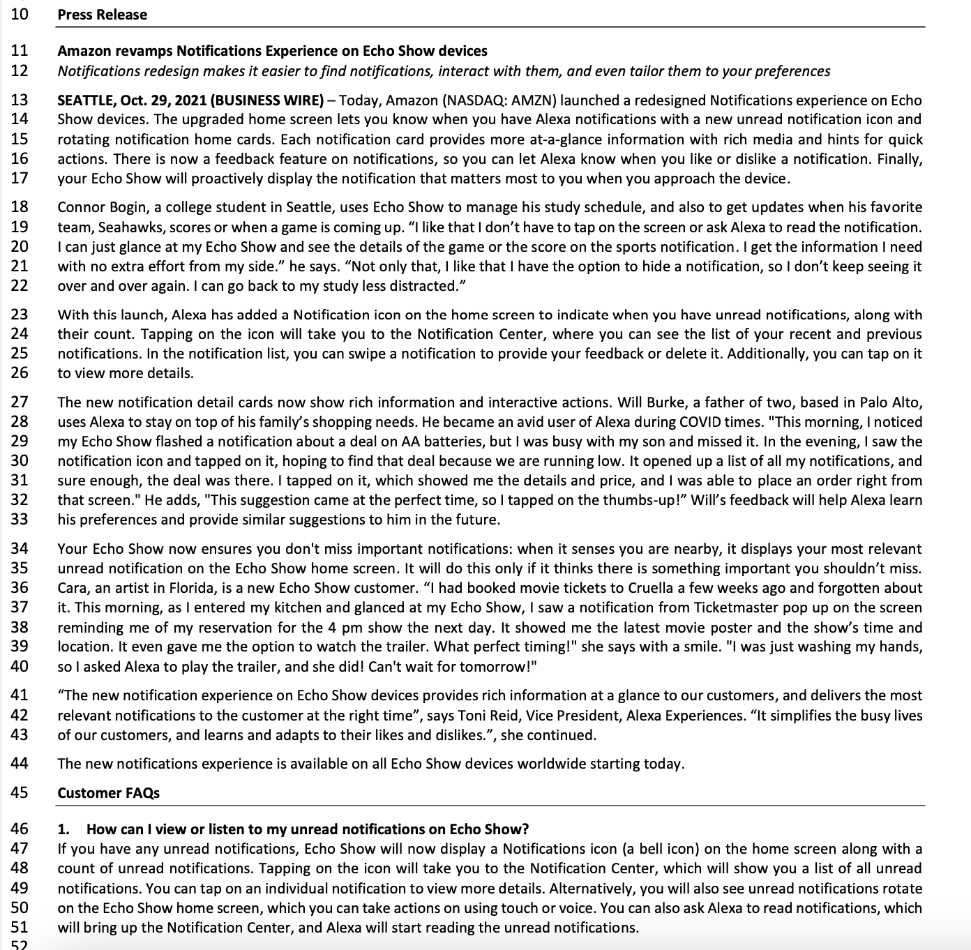 Press release and FAQ document for the Alexa Notifications multimodal launch