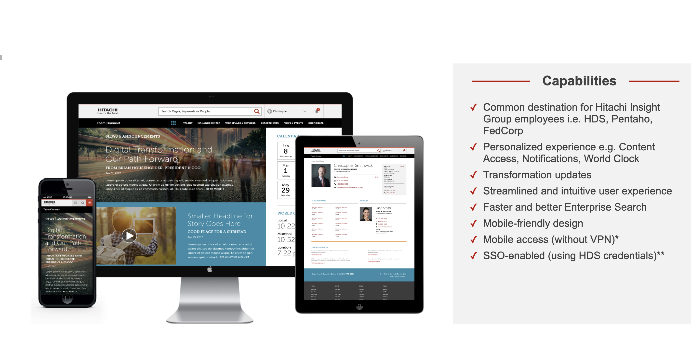 Connect 1.0 Key Capabilities shown on desktop, tablet, and mobile devices