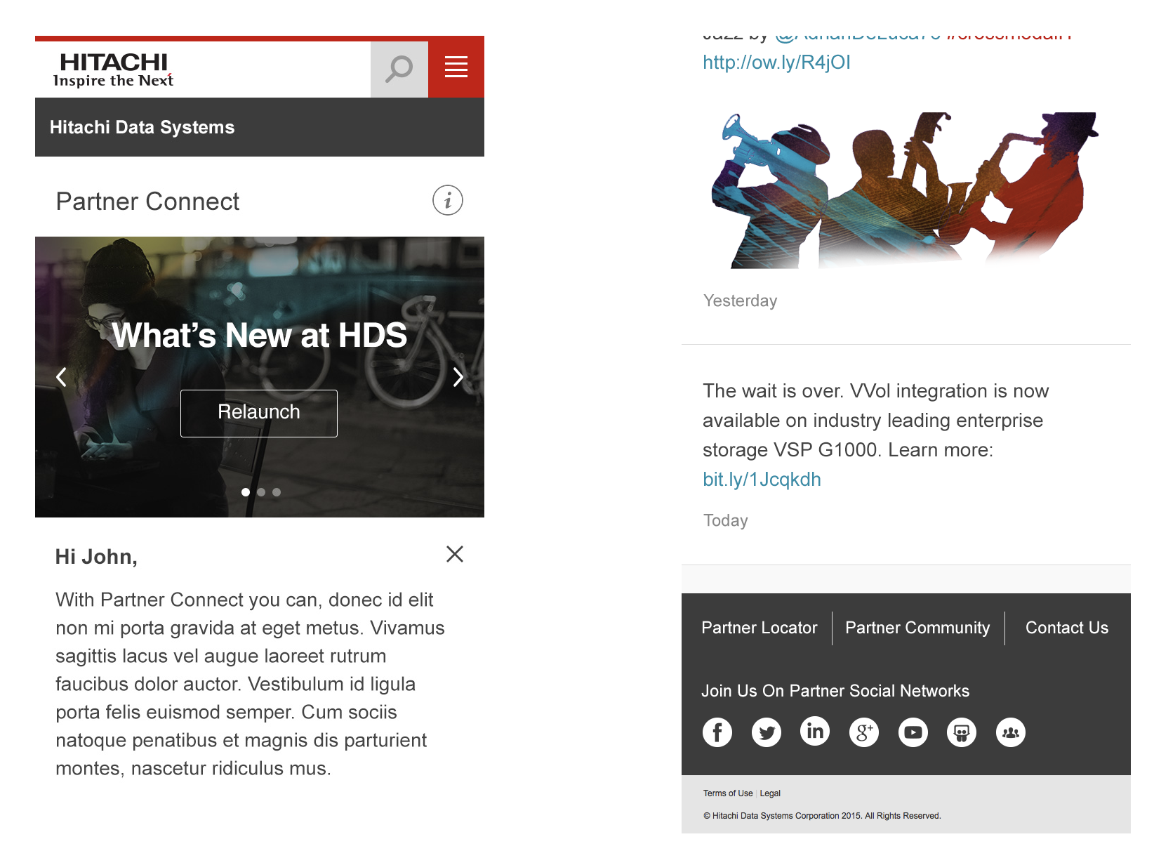 Mobile responsive Partner Connect showing news feed and partner resources