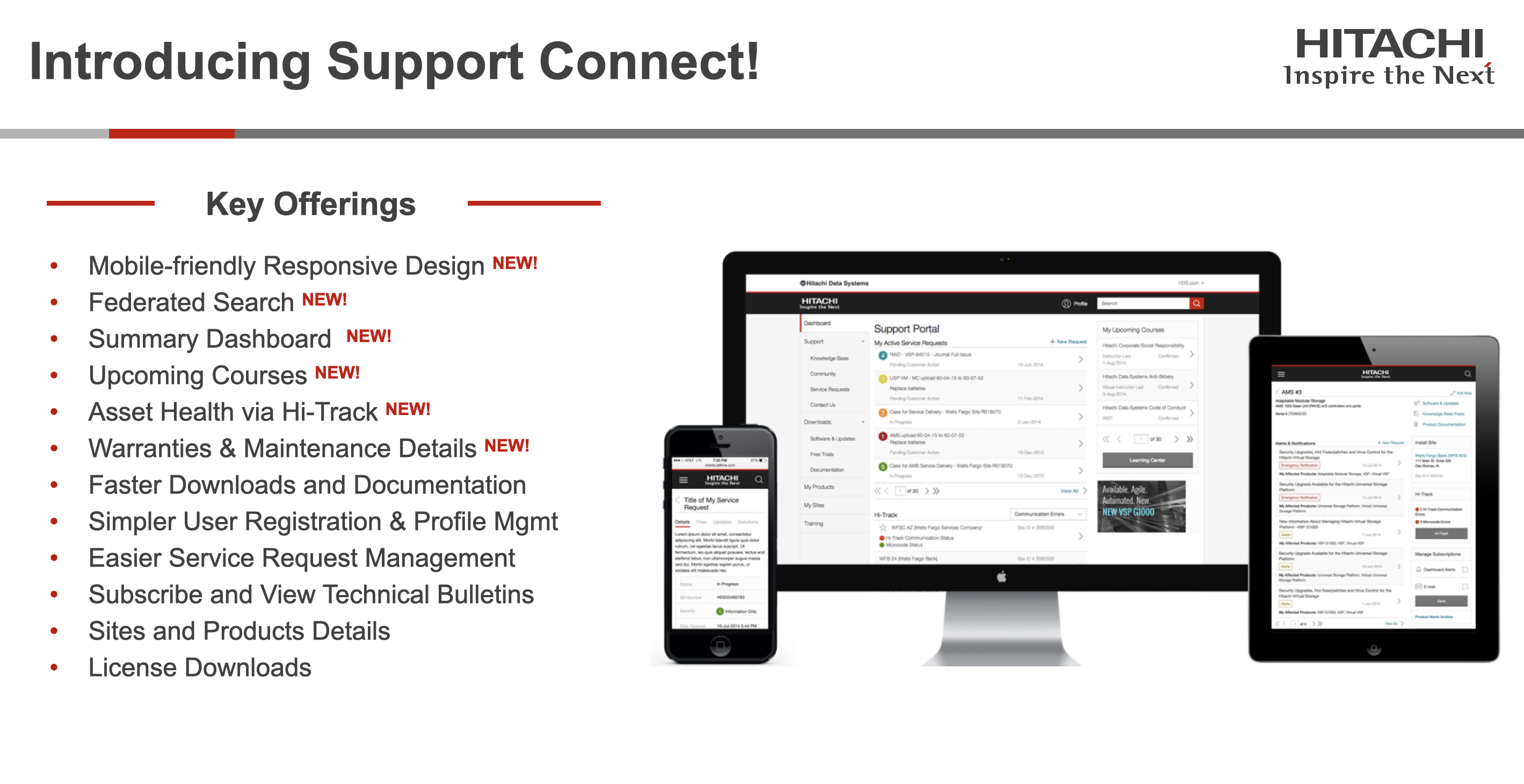 Support Connect shown on desktop, tablet, and mobile devices with key features listed