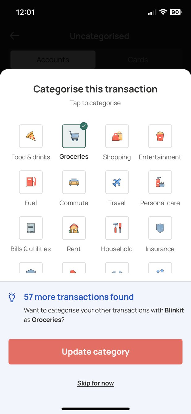 Mobile UI for transaction categorisation with bulk update option
