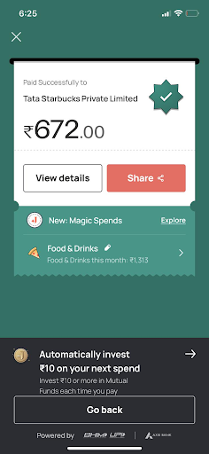 Payment success screen showing contextual insight: Food and Drinks this month Rs 1,313