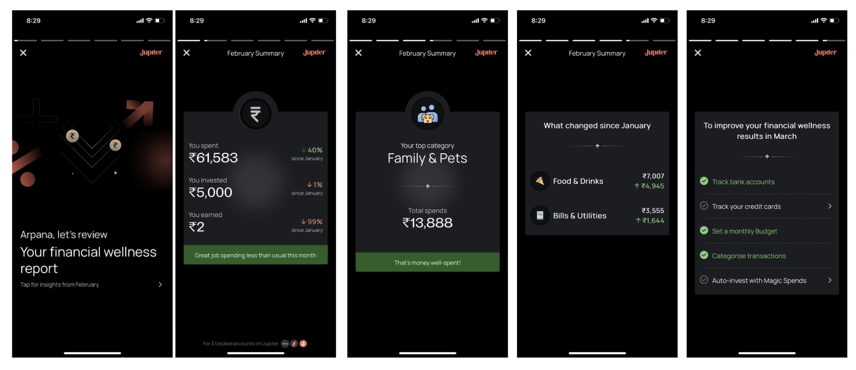 Monthly recap stories style showing personalised financial summaries