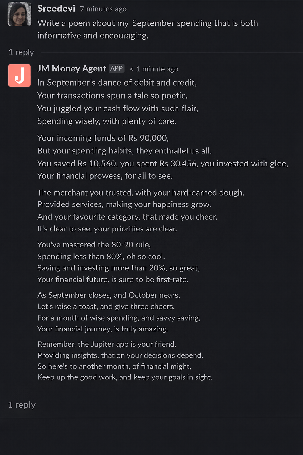 Slack-based Money Agent conversational interface for querying personal finance data