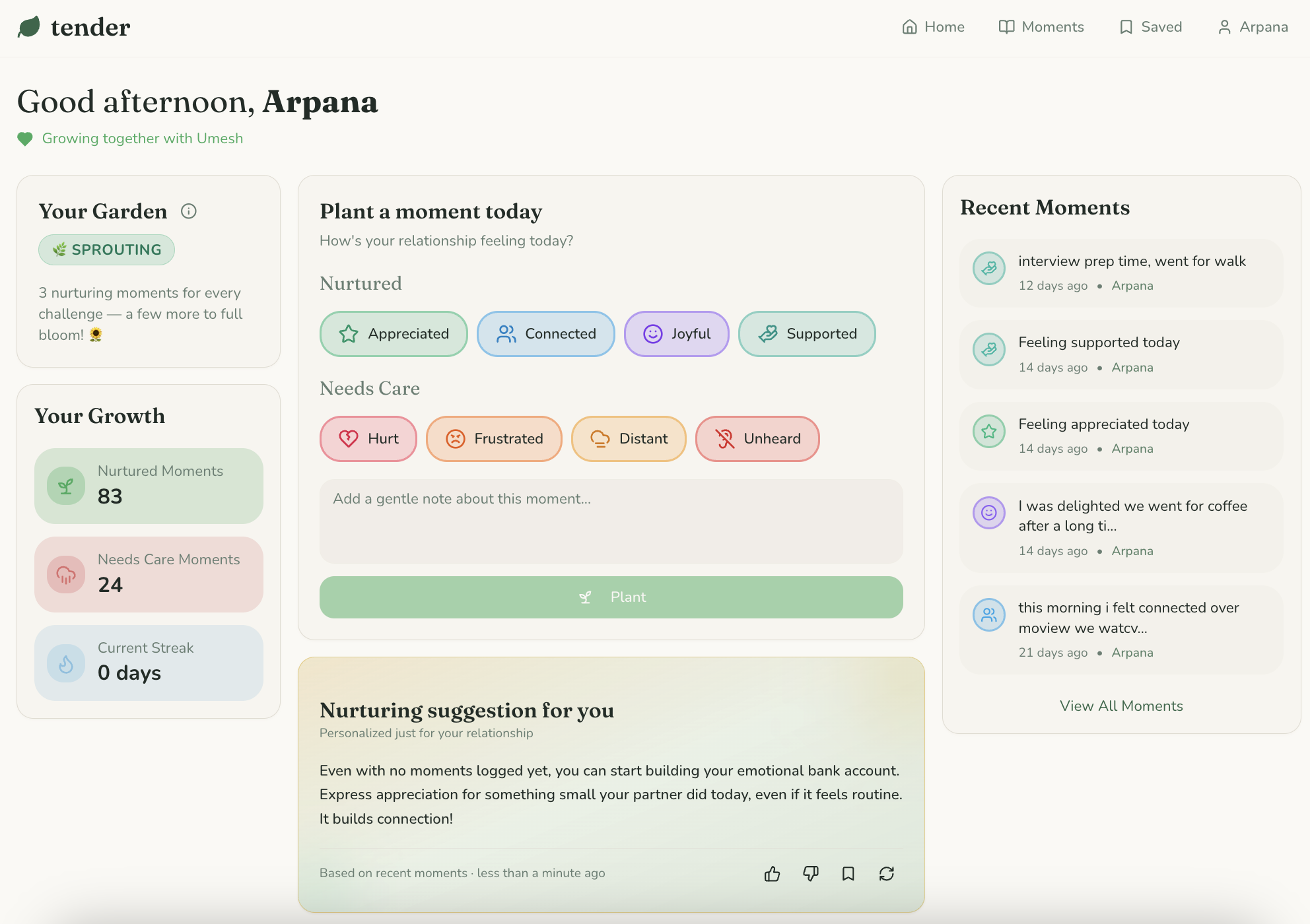 Tender dashboard showing relationship garden, emotion check-in, AI-powered nurturing suggestions, and recent moments